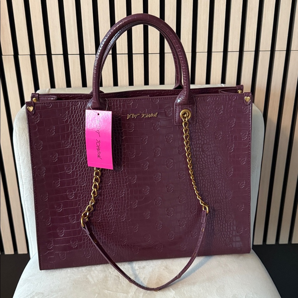 Betsey Johnson Burgundy Croc-Embossed Tote with Gold Chain